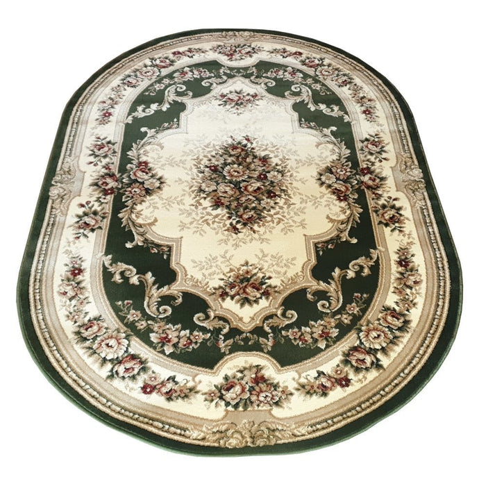 Covor oval verde cu model floral vazut din perspectiva