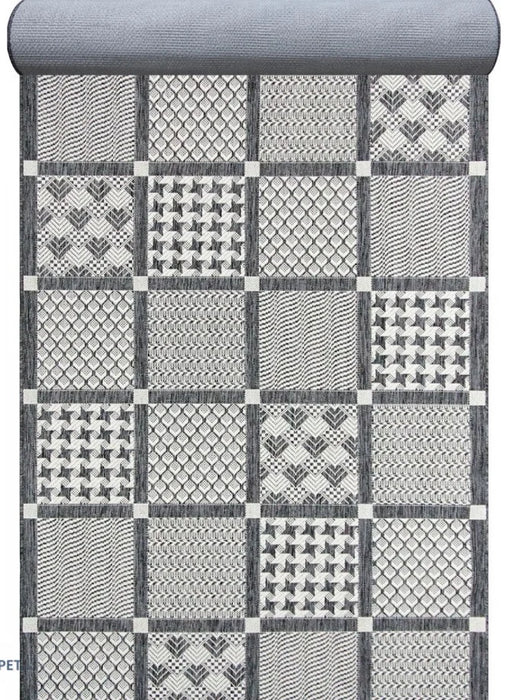 Covor traversa gri lung pentru bucatarie, design geometric elegant si baza antialunecare pentru stabilitate