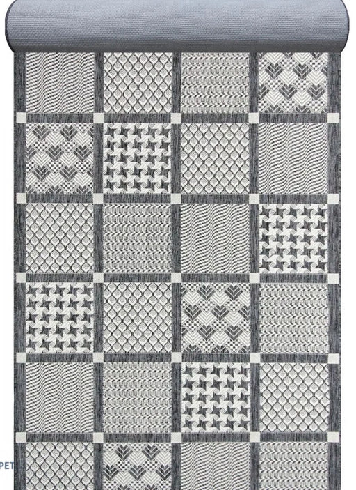 Covor traversa gri lung pentru bucatarie, design geometric elegant si baza antialunecare pentru stabilitate