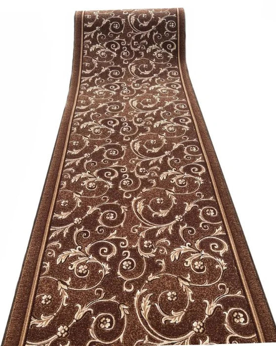 Covor traversa pentru hol maro, design clasic floral, elegant si durabil