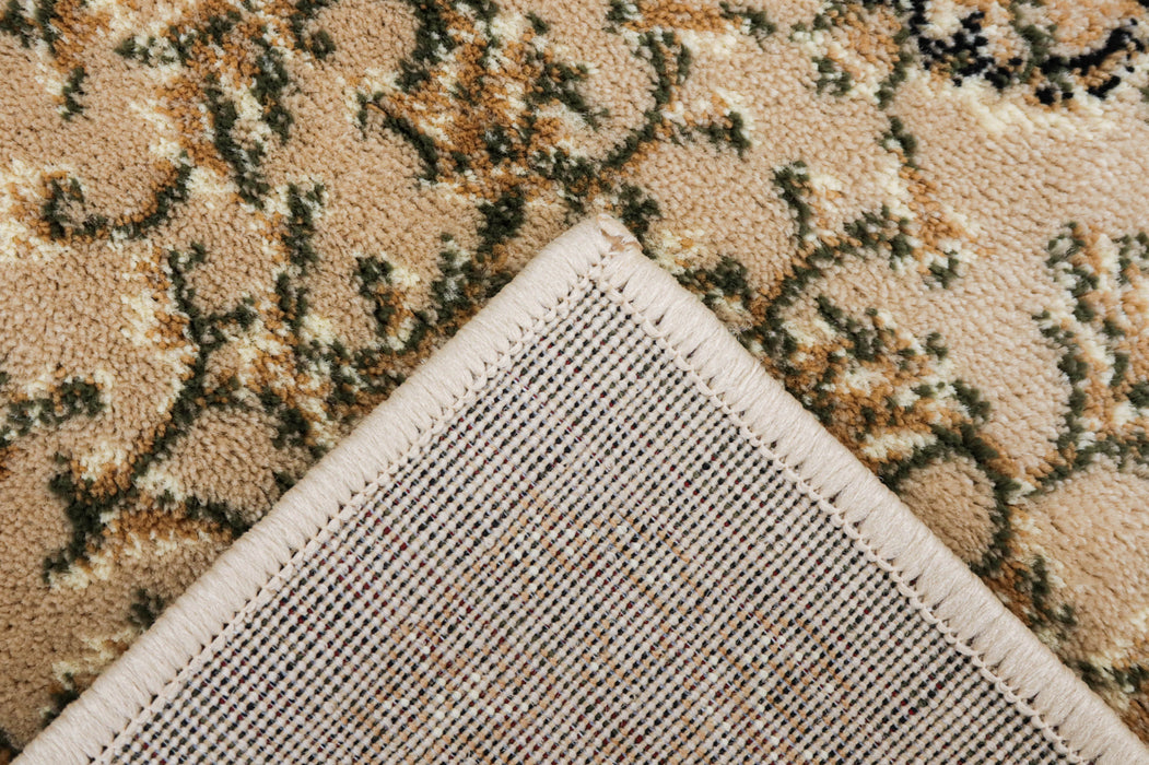 Detaliu colț și finisaj covor clasic floral bej