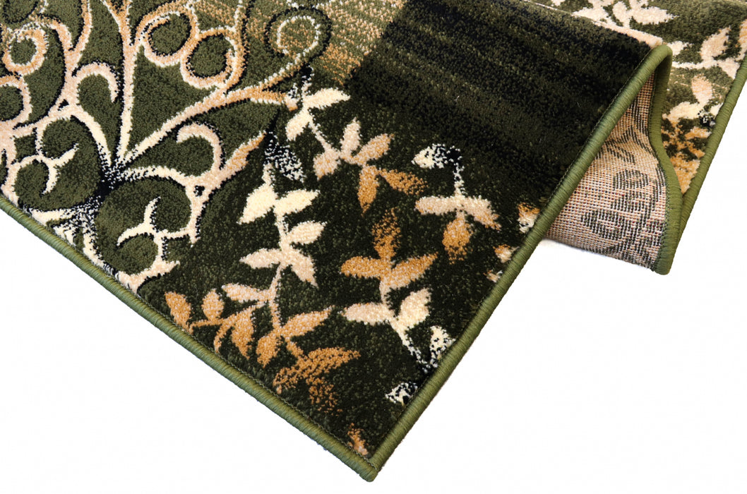 Detaliu colț și finisaj covor modern floral verde