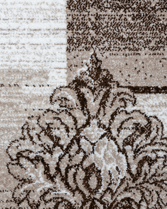 Detaliu covor crem maro cu model floral clasic si textura fina