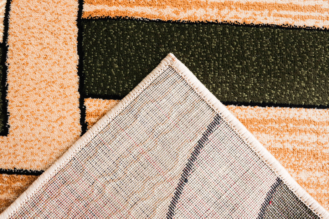 Detaliu margine și finisaj covor modern geometric bej verde