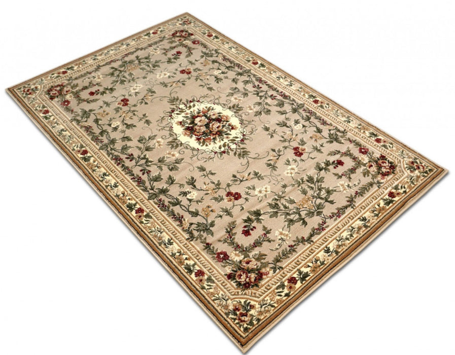 Detaliu model floral pe covor clasic bej crem