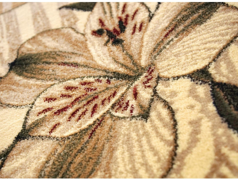 detaliu model floral pe covor modern crem bej