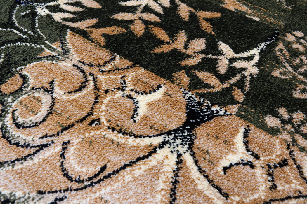 Detaliu model floral pe covor modern verde