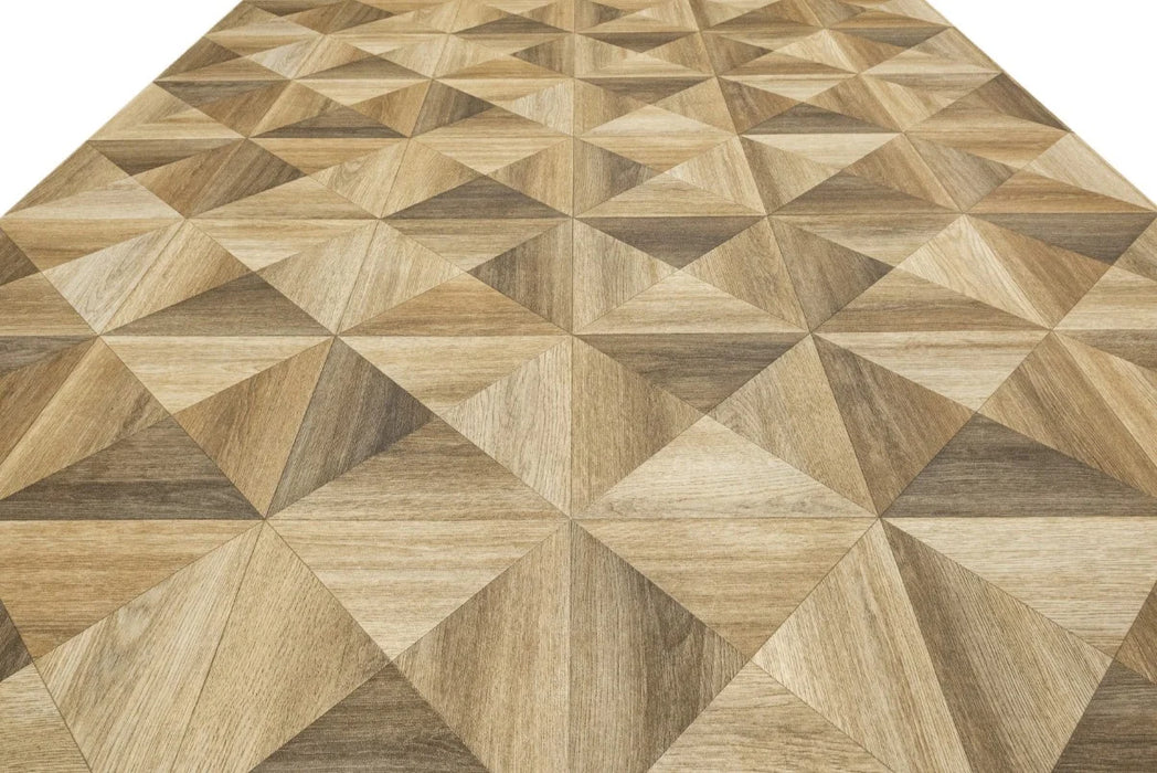 Detaliu linoleum bej maro cu textura lemn si model geometric elegant