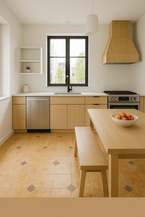 Detaliu linoleum bej cu textura lemn natural, design modern si placut