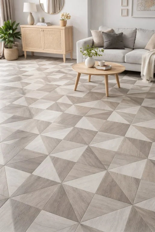 Linoleum crem cu model geometric pentru living, pardoseala moderna, luminoasa si eleganta