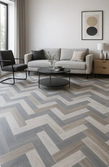 Linoleum gri bej pentru living, model herringbone modern, pardoseala eleganta si rezistenta