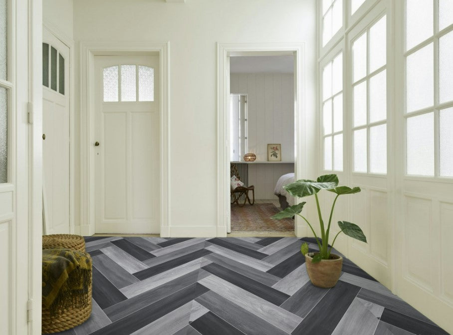 Linoleum negru gri pentru hol, model parchet modern si rezistent