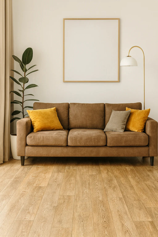 Linoleum PVC bej maro pentru living, efect lemn natural, pardoseala calda si rezistenta