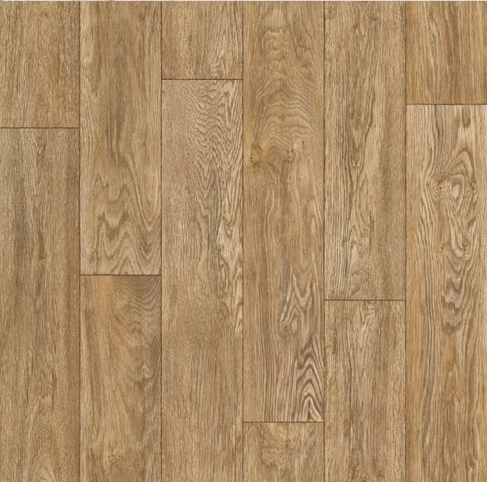 Detaliu linoleum PVC bej maro cu textura lemn modern, ideal pentru interior luminos si elegant
