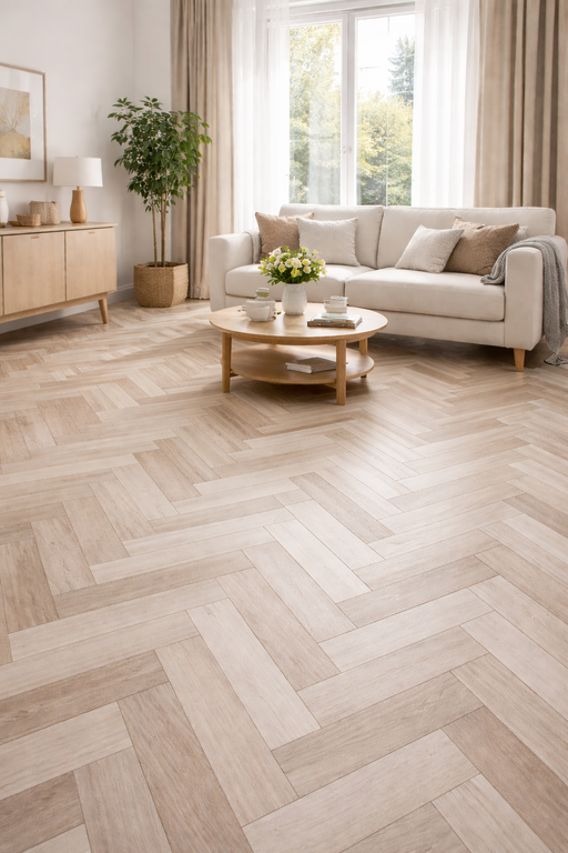 Linoleum PVC crem bej model herringbone pentru living, design elegant si rezistent la trafic