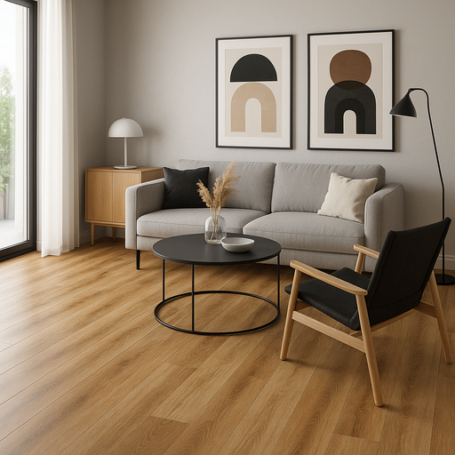 Linoleum PVC maro bej in interior modern, textura lemn naturala si aspect cald