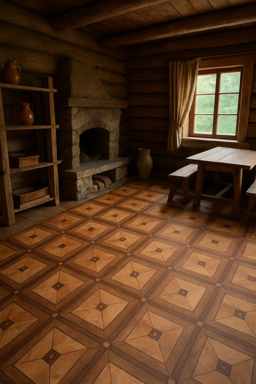Linoleum PVC maro cu model geometric, ideal pentru interior rustic sau clasic