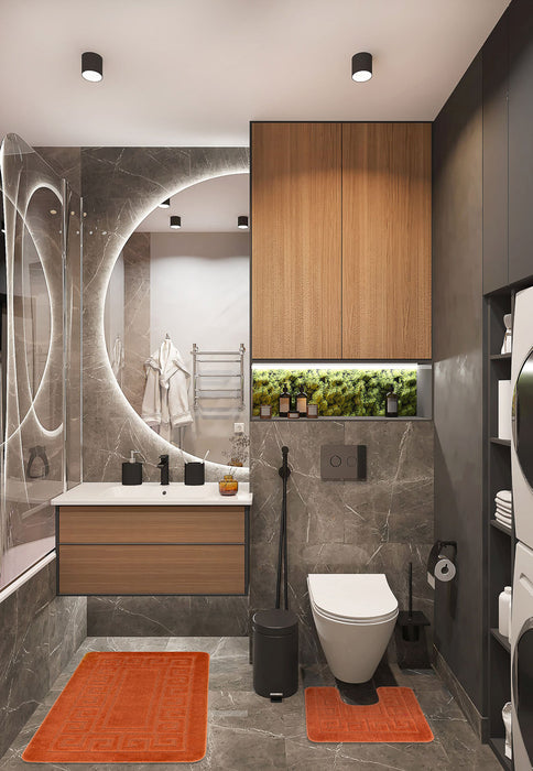 set covor baie antiderapant portocaliu 2 piese covor wc si covor pentru baie moderna