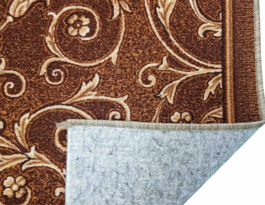 Traversa antiderapanta pentru hol maro, model clasic floral, stabila pe podea