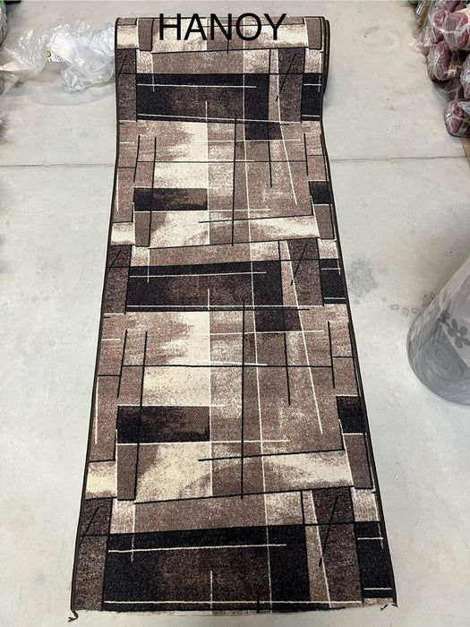 Traversa bucatarie bej maro cu model geometric, covor rezistent pentru trafic intens