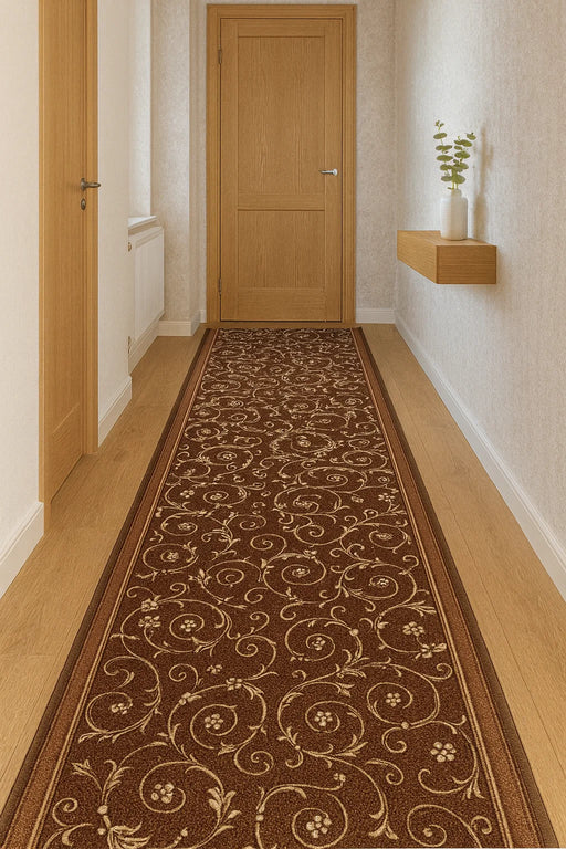 Traversa bucatarie maro cu model floral clasic, covor rezistent pentru trafic intens