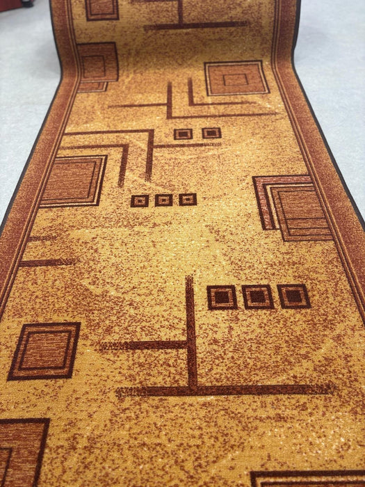 Traversa bucatarie maro cu model geometric, covor rezistent pentru trafic intens