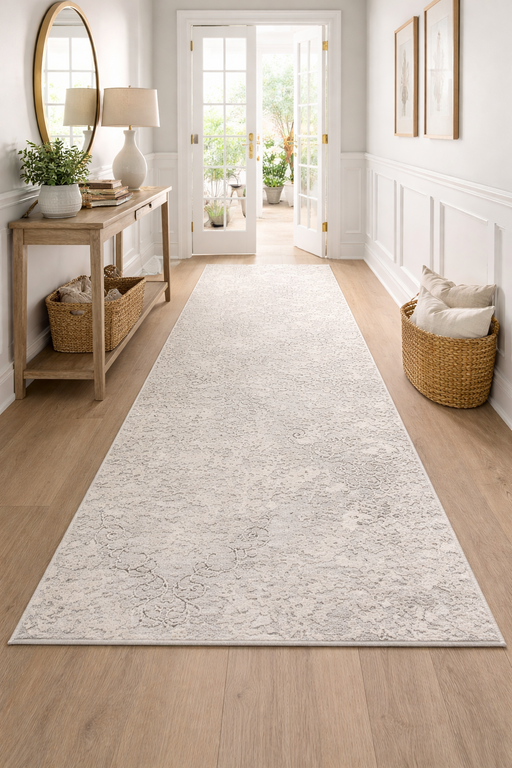 Traversa covor alba eleganta pentru hol lung, model modern luminos