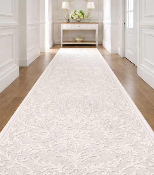 Traversa covor alba moderna pentru hol lung cu model elegant in relief