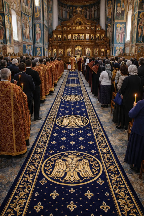 Traversa covor bisericeasca albastra cu vultur bicefal auriu pe culoar de biserica