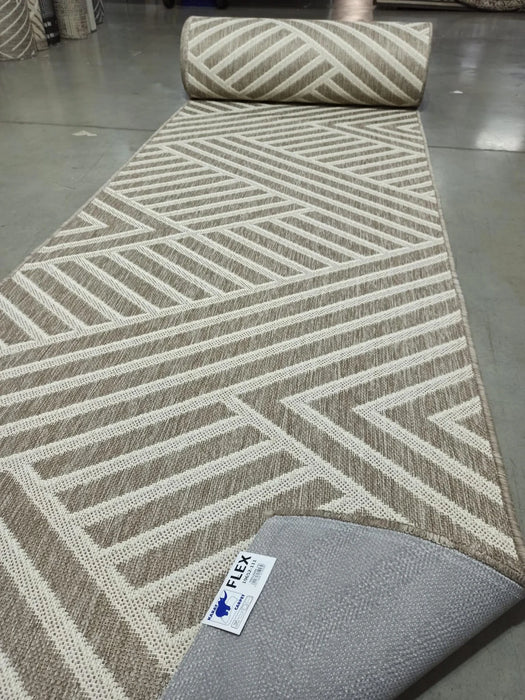 Traversa covor bucatarie antiderapanta crem bej, model geometric modern, margini festonate, baza antialunecare