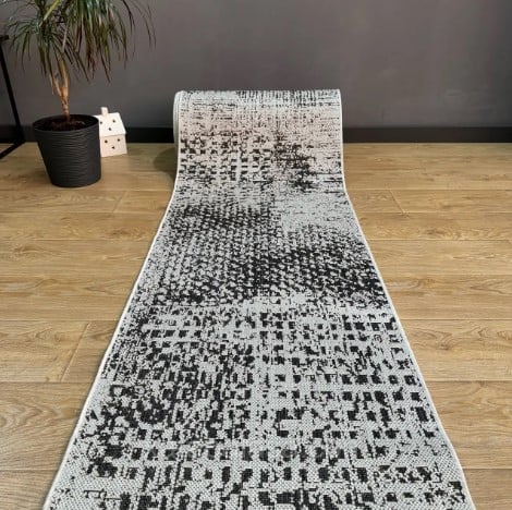 Traversa covor bucatarie antiderapanta gri, festonata, model modern pentru bucatarie