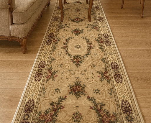 Traversa covor clasica crem bej pentru hol lung cu model floral elegant