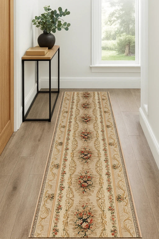 Traversa covor clasica crem florala pentru hol lung design traditional elegant potrivita pentru casa