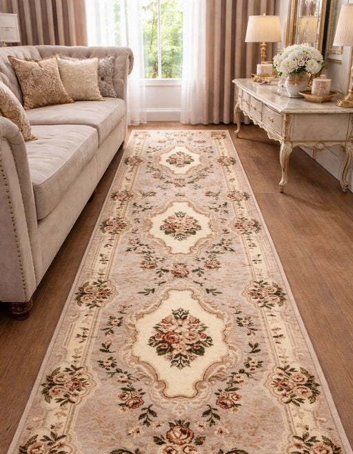 Traversa covor clasica florala crem bej pentru hol lung design traditional elegant potrivita pentru culoar