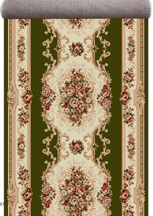 Traversa covor clasica florala verde pentru hol lung model traditional elegant cu medalion central