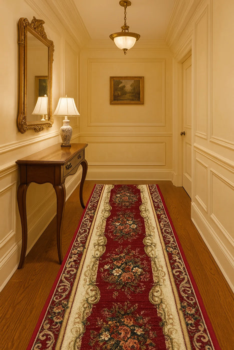 Traversa covor clasica grena florala pentru hol lung design traditional elegant potrivita pentru culoar