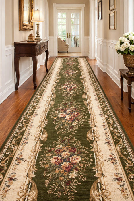 Traversa covor clasica verde florala pentru hol lung design traditional elegant potrivita pentru culoar