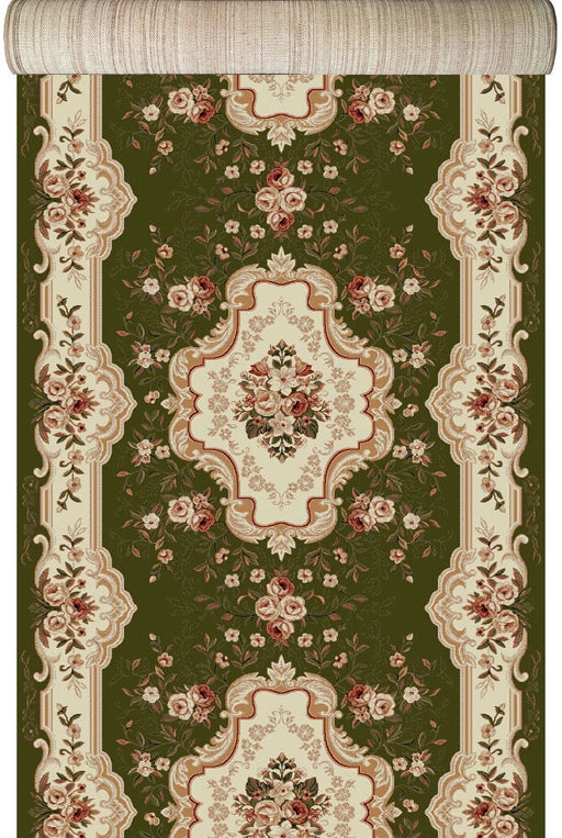 Traversa covor clasica verde florala pentru hol lung design traditional elegant potrivita pentru culoar