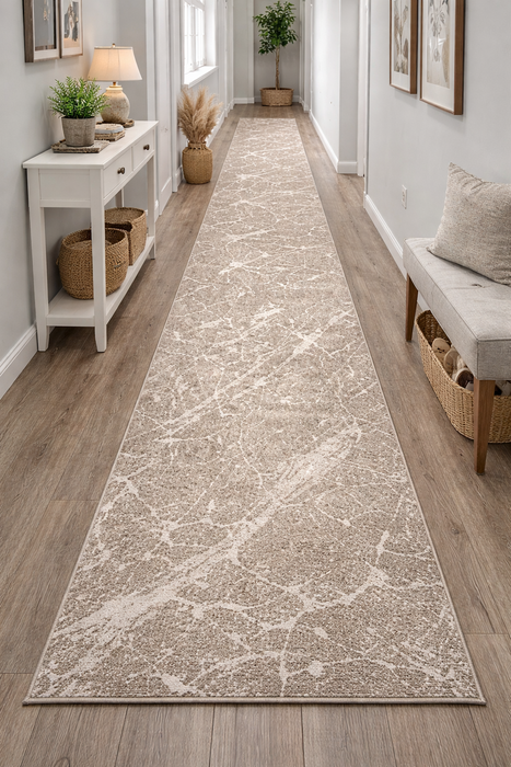 Traversa covor crem pentru hol si living, model marmorat modern, potrivita pentru spatii lungi si elegante