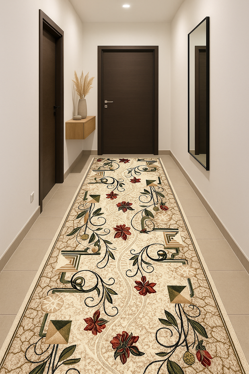 Traversa covor florala crem bej pentru hol, model clasic decorativ, aspect elegant