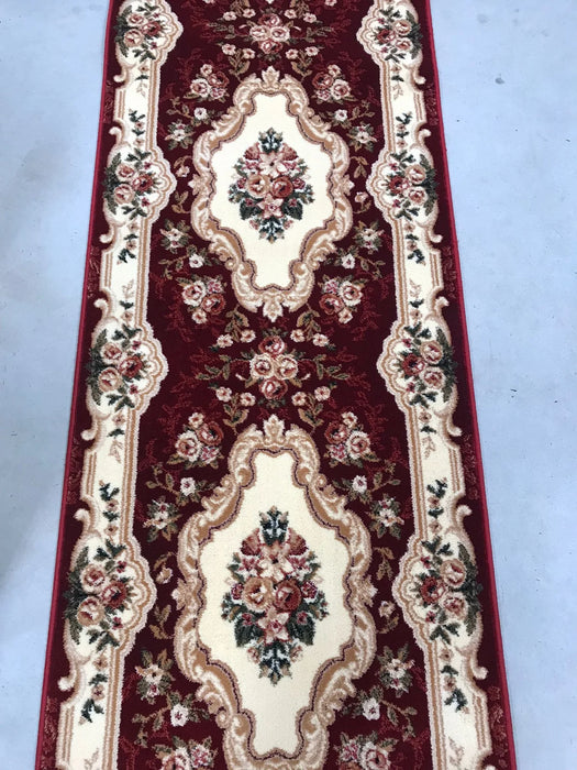 Traversa covor grena crem cu bordura decorativa clasica si model floral traditional