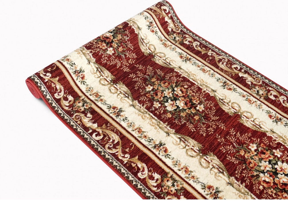 Traversa covor grena crem cu bordura clasica decorativa ideala pentru hol si culoar