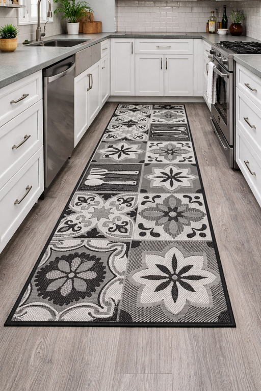 Traversa covor gri pentru bucatarie, model floral decorativ, antiderapanta si festonata, potrivita pentru zona de gatit