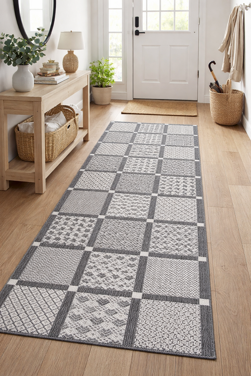 Traversa covor gri pentru bucatarie, model patchwork modern, antiderapanta si festonata, ideala pentru hol sau zona de gatit