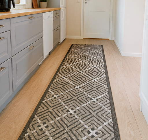 Traversa covor gri pentru bucatarie, model geometric modern, antiderapanta si festonata, amplasata pe parchet deschis