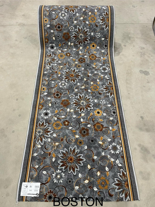 Traversa covor gri floral pentru hol, cu suport pasla, model elegant Boston, ideala pentru trafic intens