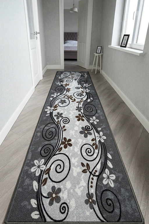 Traversa covor gri floral pentru hol, cu suport pasla, design modern si elegant pentru trafic intens