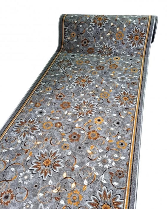Traversa covor gri floral lunga pentru hol, cu suport pasla, rezistenta si usor de intretinut