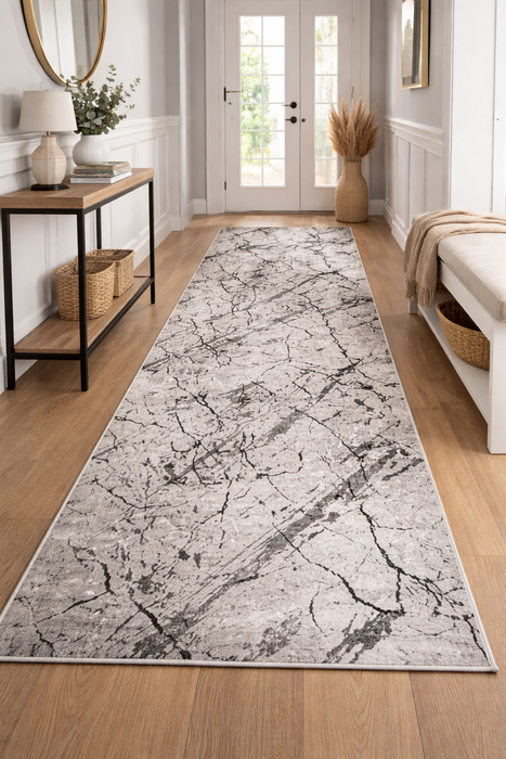 Traversa covor gri pentru hol si living, model modern elegant, potrivita pentru spatii lungi si zone de trecere