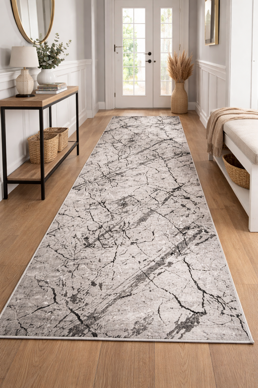 Traversa covor gri pentru hol si living, model modern elegant, potrivita pentru spatii lungi si zone de trecere